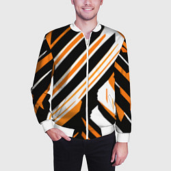 Бомбер мужской Чёрно-оранжевые полосы на белом фоне, цвет: 3D-белый — фото 2