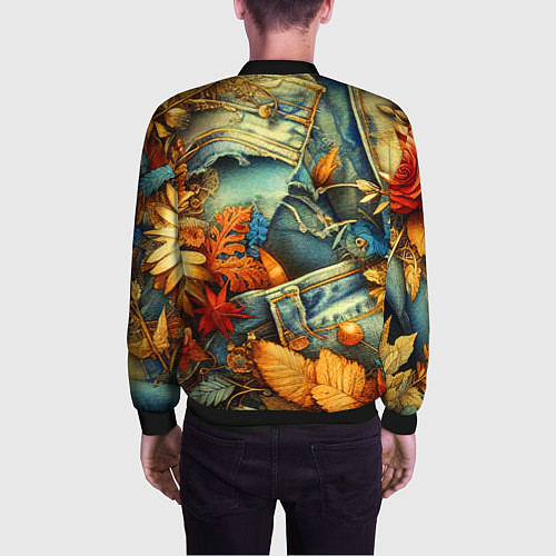 Мужской бомбер Композиция из цветов и рваной джинсы - нейросеть / 3D-Черный – фото 4