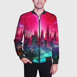 Бомбер мужской Неоновая гроза в мегаполисе - удар молнии, цвет: 3D-черный — фото 2