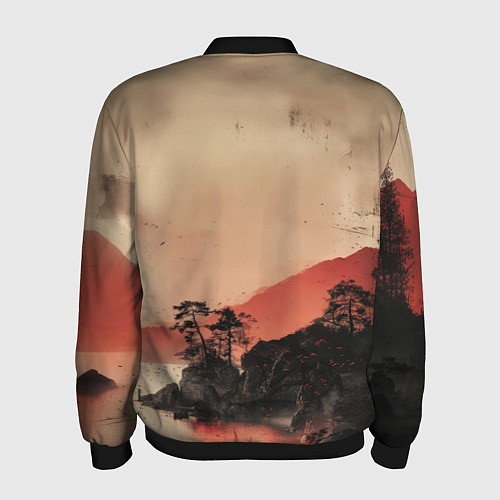 Мужской бомбер Башня на фоне алого заката - Япония / 3D-Черный – фото 2