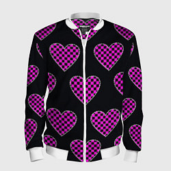 Мужской бомбер Эмо клетчатый паттерн - сердце черно розовое