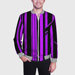 Бомбер мужской Толстые фиолетовые полосы на чёрном фоне, цвет: 3D-меланж — фото 2