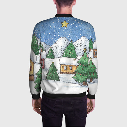 Мужской бомбер Домики и елки - новый год / 3D-Черный – фото 4