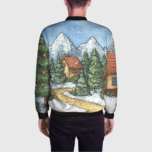 Мужской бомбер Новогодний пейзаж / 3D-Черный – фото 4