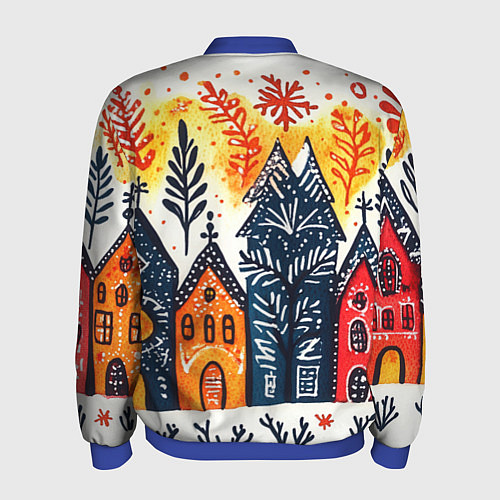 Мужской бомбер Разноцветные новогодние дома / 3D-Синий – фото 2
