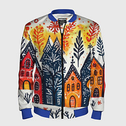 Бомбер мужской Разноцветные новогодние дома, цвет: 3D-синий