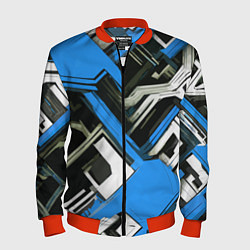 Бомбер мужской Сине-белый техно паттерн на чёрном фоне, цвет: 3D-красный