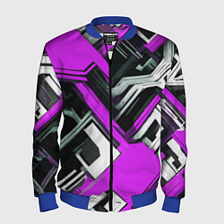 Бомбер мужской Бело-фиолетовый техно паттерн на чёрном фоне, цвет: 3D-синий