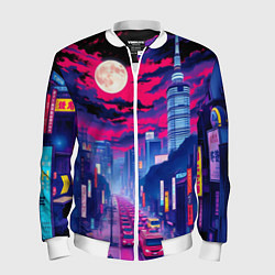 Бомбер мужской Яркий японский мегаполис, цвет: 3D-белый