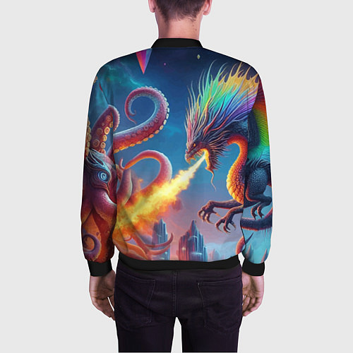 Мужской бомбер Огнедышащий дракон против осьминога - нейроарт фан / 3D-Черный – фото 4