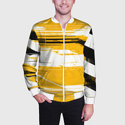 Бомбер мужской Горизонтальные чёрно-белые линии на жёлтом фоне, цвет: 3D-белый — фото 2