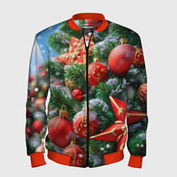 Мужской бомбер Красные шары и звезда новогодняя