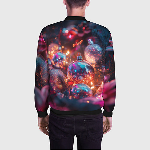 Мужской бомбер Новогодние шары и фиолетовые блески / 3D-Черный – фото 4