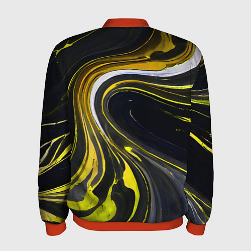 Мужской бомбер Волнистые бело-жёлтые линии на чёрном фоне / 3D-Красный – фото 2