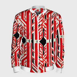 Бомбер мужской Бело-красные техно полосы на чёрном фоне, цвет: 3D-белый