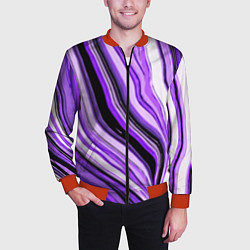 Бомбер мужской Волнистые вертикальные чёрно-фиолетовые полосы, цвет: 3D-красный — фото 2