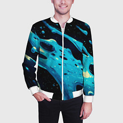 Бомбер мужской Синие волны краски на черном, цвет: 3D-белый — фото 2