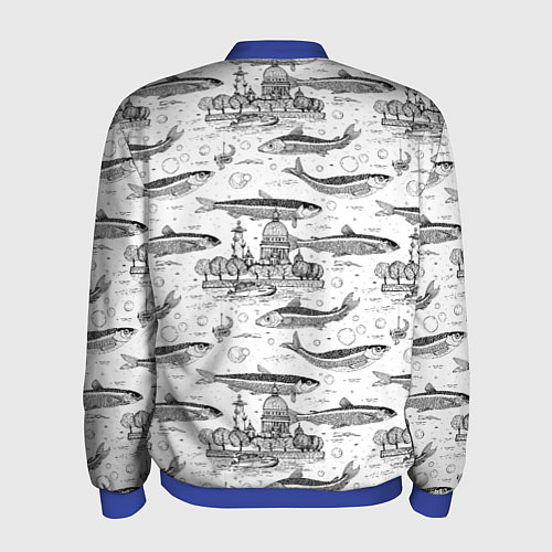 Мужской бомбер Корюшка и рыбалка в Питере паттерн / 3D-Синий – фото 2