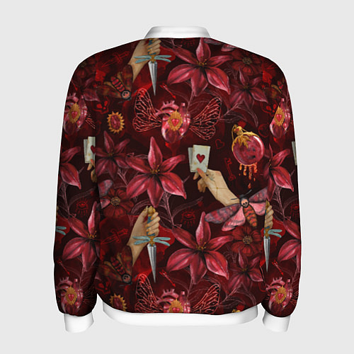 Мужской бомбер Бордовая готика с сердцем, лилиями и мотыльками / 3D-Белый – фото 2