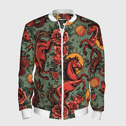 Бомбер мужской Красный конь и розы, цвет: 3D-белый