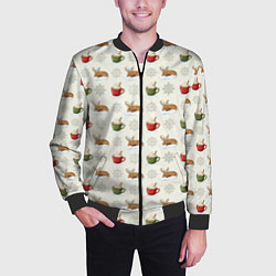 Бомбер мужской Зимний паттерн с оленем и чашками какао, цвет: 3D-черный — фото 2