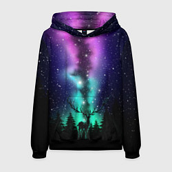 Толстовка-худи мужская Силуэт оленя северное сияние, цвет: 3D-черный
