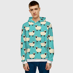 Толстовка-худи мужская Овечки паттерн на бирюзовом, цвет: 3D-белый — фото 2