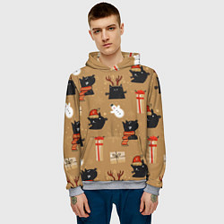 Толстовка-худи мужская Черные новогодние коты, цвет: 3D-меланж — фото 2