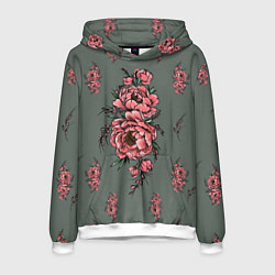 Толстовка-худи мужская Нежные пионы на сером фоне, цвет: 3D-белый