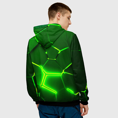 Мужская толстовка 3D ПЛИТЫ НЕОН NEON GREEN HEXAGON РАЗЛОМ / 3D-Черный – фото 4