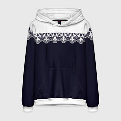 Толстовка-худи мужская Белое кружево на темном синем фоне, цвет: 3D-белый