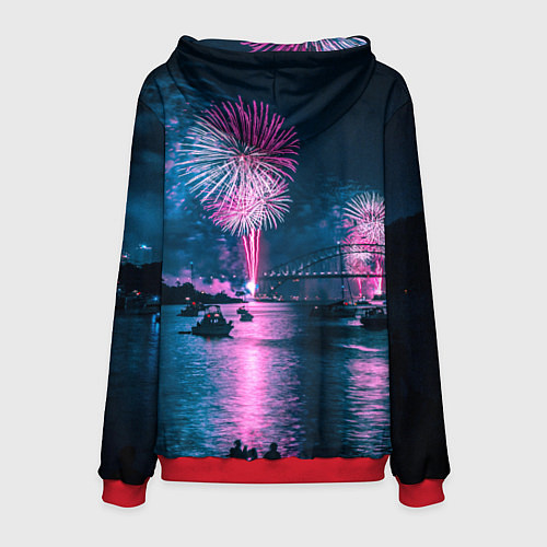 Мужская толстовка Неоновый салют над рекой ночью - Синий / 3D-Красный – фото 2
