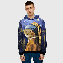 Толстовка-худи мужская Прикол с котом: пародия картина, цвет: 3D-черный — фото 2
