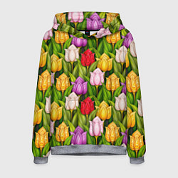 Толстовка-худи мужская Объемные разноцветные тюльпаны, цвет: 3D-меланж