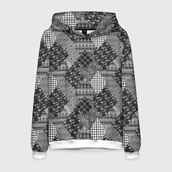 Толстовка-худи мужская Black and White Ethnic Patchwork Pattern, цвет: 3D-белый