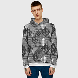 Толстовка-худи мужская Black and White Ethnic Patchwork Pattern, цвет: 3D-белый — фото 2