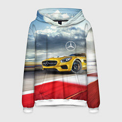 Толстовка-худи мужская Mercedes AMG V8 Biturbo на трассе, цвет: 3D-белый