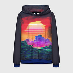 Толстовка-худи мужская Синтвейв неоновые горы на закате, цвет: 3D-синий