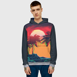 Толстовка-худи мужская Пальмы и пляж на закате с помехами VHS ретро дизай, цвет: 3D-меланж — фото 2