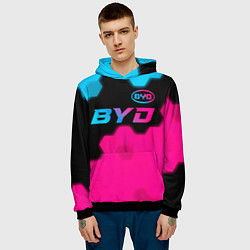 Толстовка-худи мужская BYD - neon gradient: символ сверху, цвет: 3D-черный — фото 2