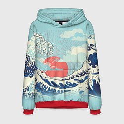 Толстовка-худи мужская Морской пейзаж с большими волнами на закате, цвет: 3D-красный