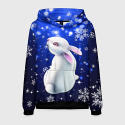 Толстовка-худи мужская Белый кролик в снежинках, цвет: 3D-черный