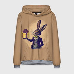 Толстовка-худи мужская Кролик в костюме с подарком, цвет: 3D-меланж