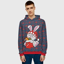 Толстовка-худи мужская Кролик на фоне красных снежинок, цвет: 3D-красный — фото 2
