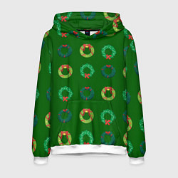 Толстовка-худи мужская Зеленые рождественские венки омелы, цвет: 3D-белый