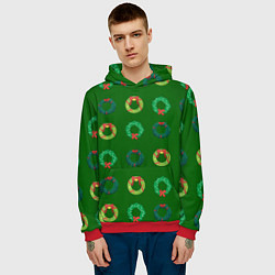 Толстовка-худи мужская Зеленые рождественские венки омелы, цвет: 3D-красный — фото 2