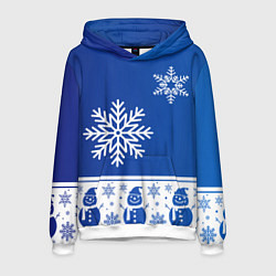 Толстовка-худи мужская Снеговики в снежинках синие, цвет: 3D-белый