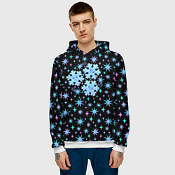 Толстовка-худи мужская Снежинки в ночном небе с цветными звездами, цвет: 3D-белый — фото 2