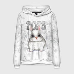 Толстовка-худи мужская Белый кролик и снежинки 2023, цвет: 3D-белый