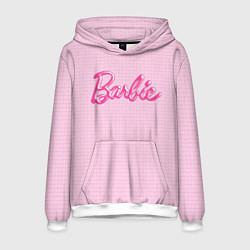 Толстовка-худи мужская Барби - логотип на клетчатом фоне, цвет: 3D-белый